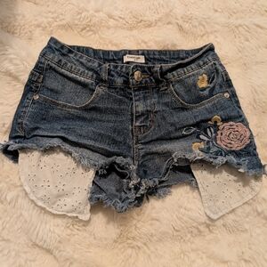 Embroidered Denim Shorts with Lace Trim